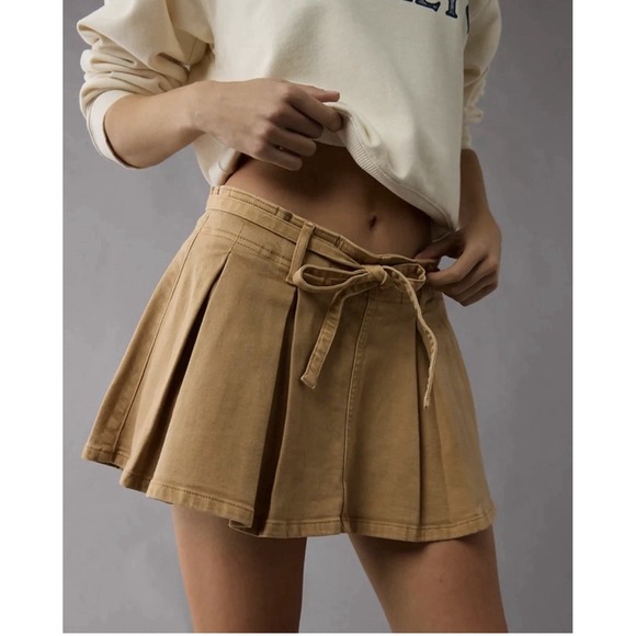 American Eagle Tan Pleated Skirt Sz 0 Cotton Lyocell Blend Back Zip - Picture 1 of 4